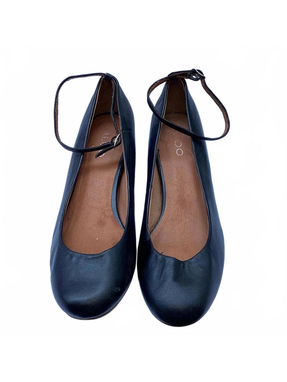 Aldo Black Leather Ankle Strap Ballet Flats = Round Toe Mary Jane. Size 10